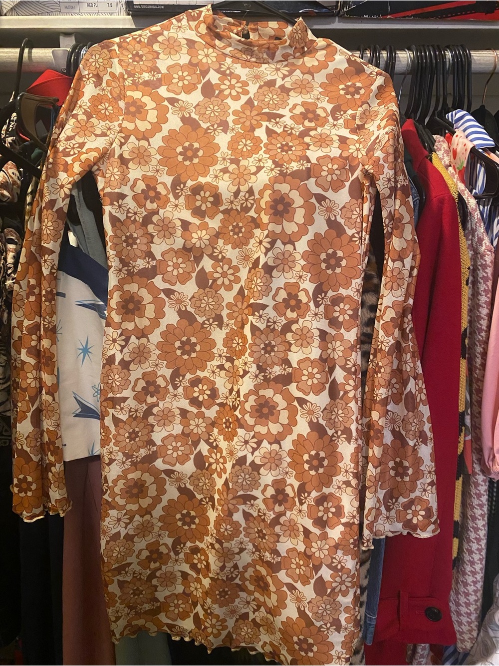 Source Unknown Brown and Cream Floral Long Sleeve Dress